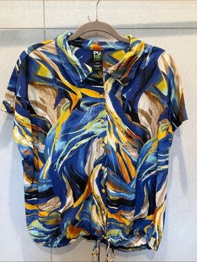 Pure Collection Women’s Abstract Blue, Yellow & Brown Button-Down Shirt
